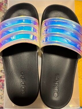 Adidas Slides with Iridescent holographic Rainbow Straps